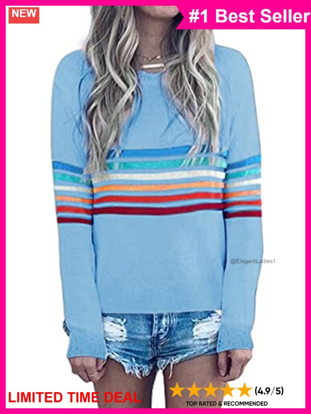 Loose Fit Striped Crewneck Long Sleeve Knit Pullover Sweater